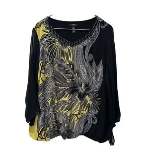 Alfani Woman 2X Blouse Black Yellow Tropical Floral Beaded V-Neck Sheer Sleeve